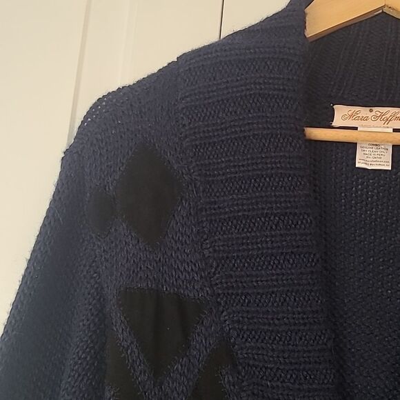 Mara Hoffman Wool Leather Appliqué Button Front Cardigan Sweater Navy Black Sz S - Picture 4 of 13